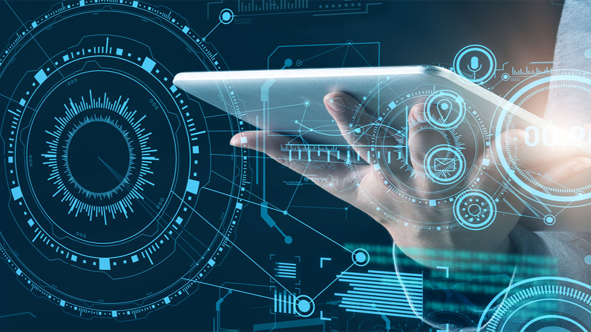 Hand holding tablet showing 3D data