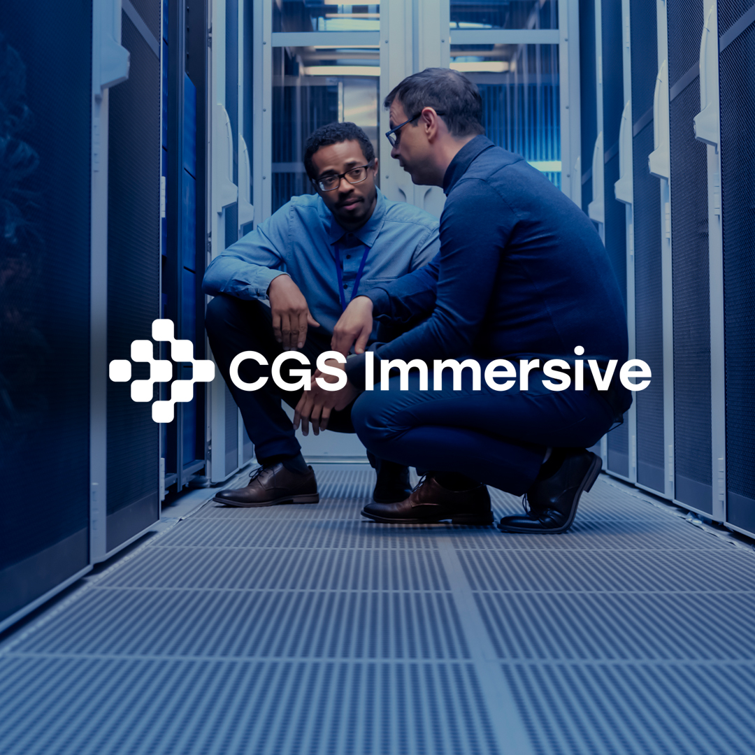 The CGS Immersice and HIT Consultant logos overlayed on top of a photo or a doctor and nurse working on a tablet device