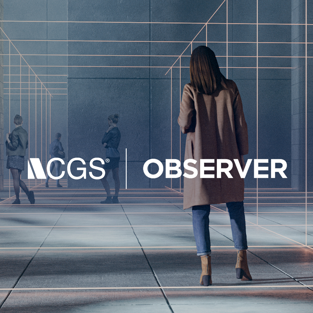The CGS and Observer Logos superimposed over a fashionable woman in an office building lobby