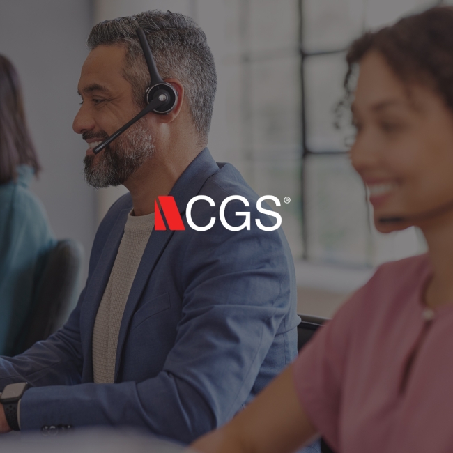 a male and female call center employee behind an overlay of the CGS logo