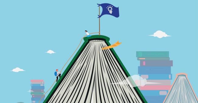17 quotes to inspire L&D leaders Two people climbing book mountain, learning together illustration