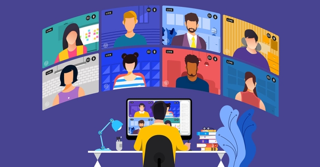 6 Learning Trends and How to Put Them to Work Employee doing e-learning with videochat screens illustration