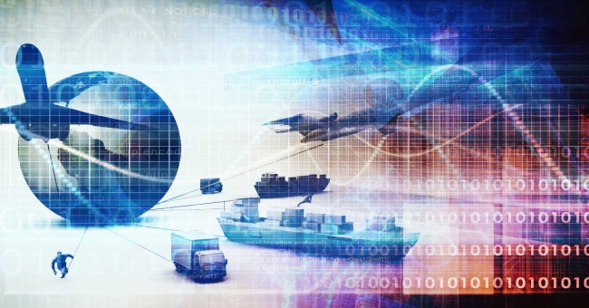 How Next-Gen PLM Can Blunt the Impact of Supply Chain Disruption Global supply chain image with jets, ships and trucks