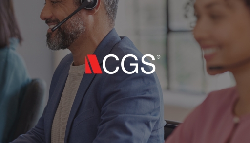 a male and female call center employee behind an overlay of the CGS logo
