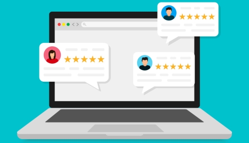 Illustration of laptop with five star customer reviews