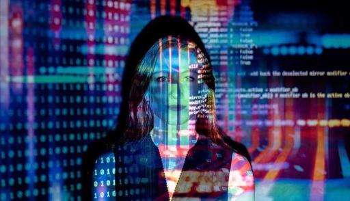 Woman with colorful data overlay