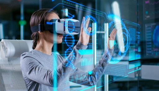 Scientist with Virtual Reality Headset interacts with holographic interface 