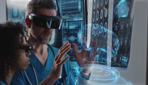 medical professionals using VR headset to examine human brain