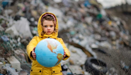A child holds a globe in a big landfill