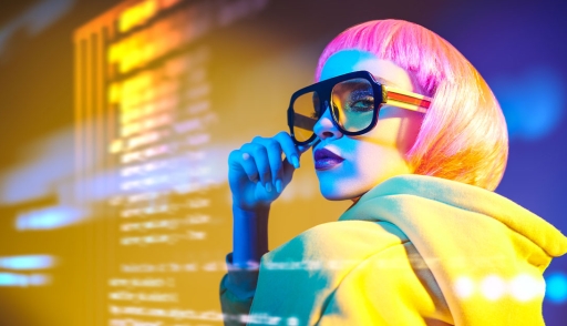 Fashionable futuristic woman with data information overlay