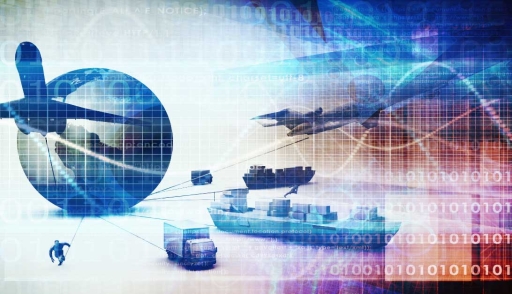 Global supply chain image with jets, ships and trucks