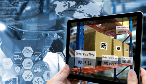 Worker doing inventory management on a tablet computer