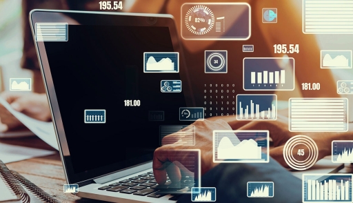 Laptop with facts and figures overlaid