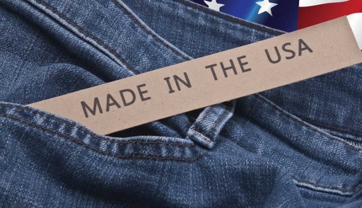 Denim jeans with made in the USA tag and flag