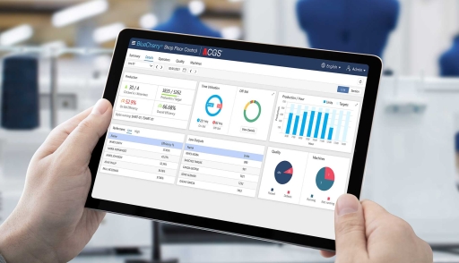 Tablet with screenshot of dashboard in shop floor control